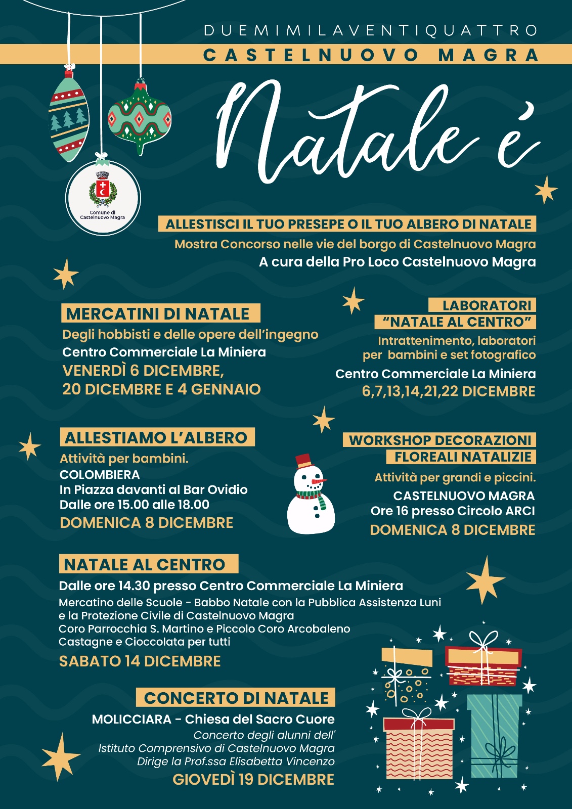 Locandina con sfondo verde scuro e immagini varie che rimandano al Natale (palline, omino di neve, doni), ravvivata da stelline sparse  fra il calendario degli eventi descritti.