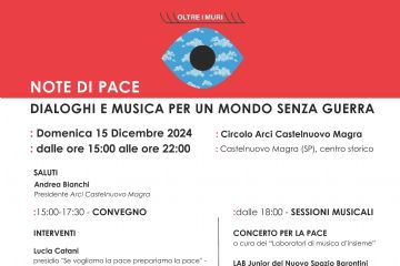 Sfondo bianco con banda rossa in alto dove appare il titolo del convegno, la data e il luogo.  Segue  quindi  la descrizione dei vari momenti: i relatori, il moderatore e i gruppi che daranno vita al concerto musicale conclusivo.