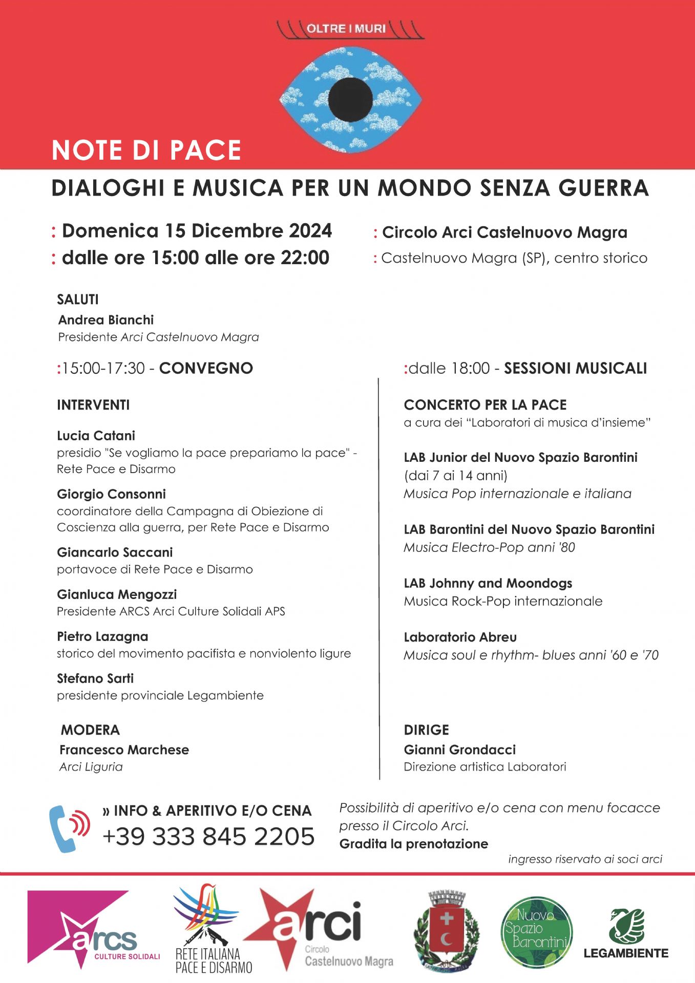 Sfondo bianco con banda rossa in alto dove appare il titolo del convegno, la data e il luogo.  Segue  quindi  la descrizione dei vari momenti: i relatori, il moderatore e i gruppi che daranno vita al concerto musicale conclusivo.