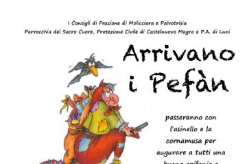 L'immagine colorata di una Befana con il suo sacco colmo di doni, a cavallo di una scopa, si staglia nello sfondo bianco della pagina sul quale si accampano i caratteri, in nero e in rosso, che enunciano le vie che verranno attraversate con l'asinello nei giorni 3, 4 e 6 gennaio 2025.