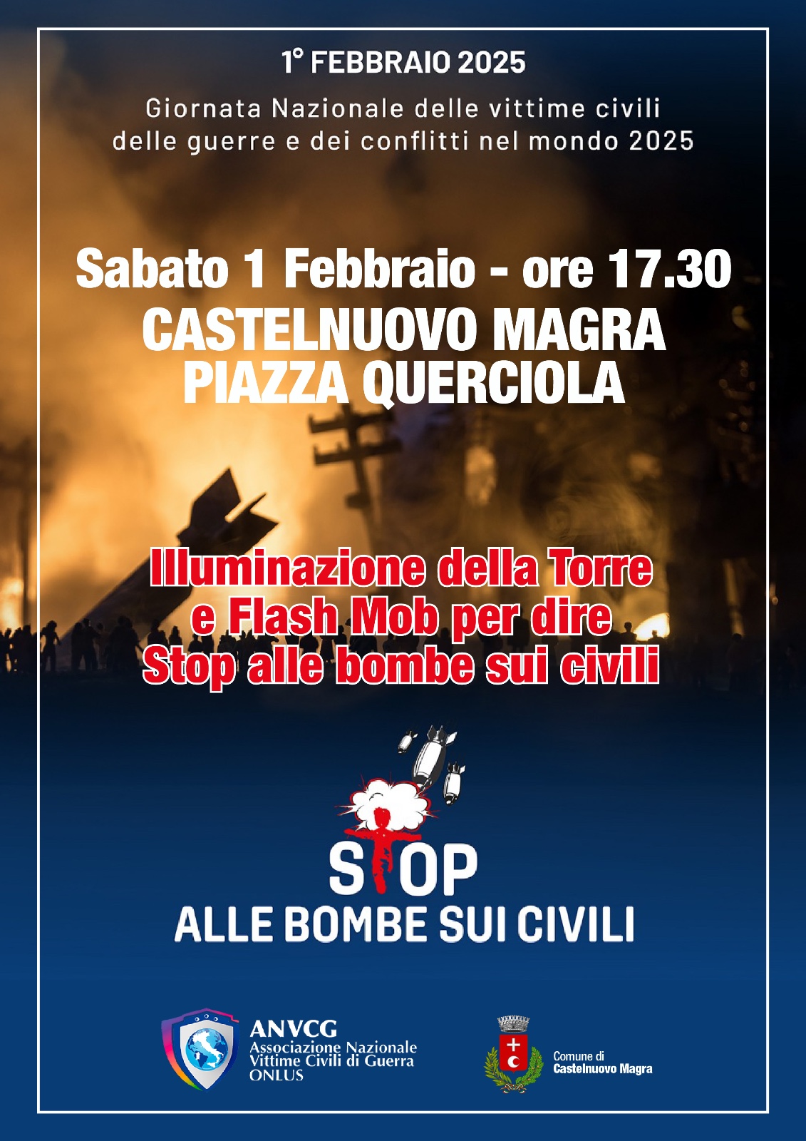 Il blu intenso domina la parte in basso, mentre quella superiore è "rischiarata" dalla luce dell'incendio provocato da una bomba della quale si intravede la sagoma insieme ad alcuni resti di edifici distrutti dal terribile ordigno.  