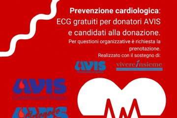 Sfondo rosso con dettagli bianchi e testo in bianco e rosso.
Quindi c'è il Logo AVIS e altri loghi di enti organizzatori.
Un cuore stilizzato con un elettrocardiogramma al centro.
L'evento è pensato per promuovere la salute cardiologica e incentivare le donazioni di sangue.
