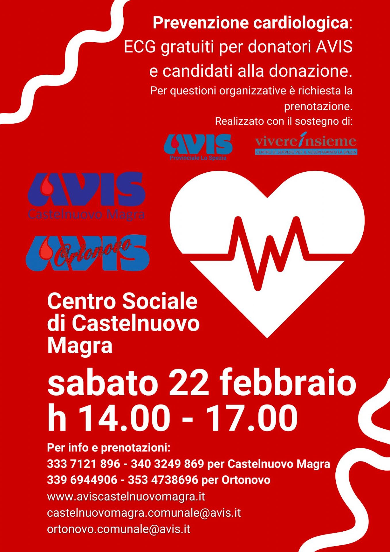 Sfondo rosso con dettagli bianchi e testo in bianco e rosso.
Quindi c'è il Logo AVIS e altri loghi di enti organizzatori.
Un cuore stilizzato con un elettrocardiogramma al centro.
L'evento è pensato per promuovere la salute cardiologica e incentivare le donazioni di sangue.
