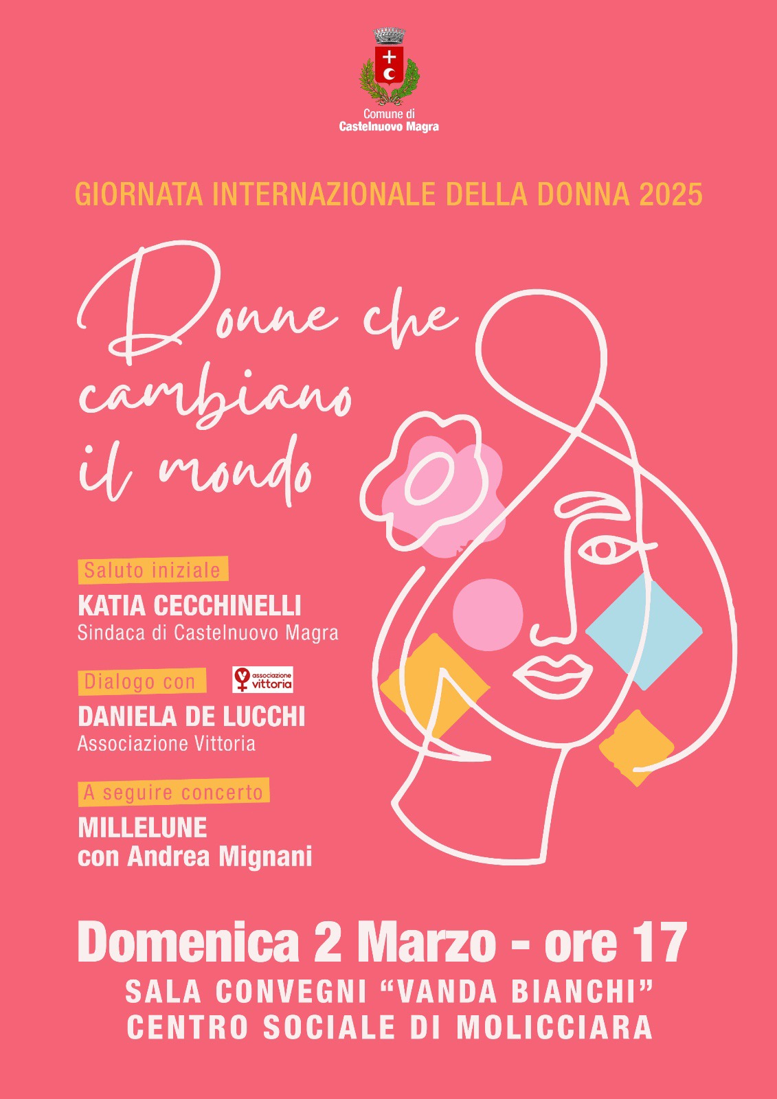 La grafica presenta uno sfondo rosa con un disegno stilizzato di un volto femminile, decorato con forme geometriche colorate e una figura di fiore.