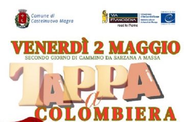 L'immagine, su uno sfondo sfocato con persone che indossano zaini da viaggio, promuove la tappa della Via Francigena a Colombiera, nel Comune di Castelnuovo Magra, in occasione del Giubileo universale 2025. Il testo, utilizzando colori vivaci e con parole semplici, mette in evidenza le informazioni rilevanti per l'evento, come i tempi e il luogo, rendendo il messaggio chiaro e conciso.