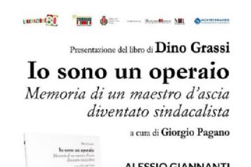 Locandina verticale dai colori caldi, principalmente bianco e arancione, che annuncia la presentazione di un libro.
Nella parte alta, in orizzontale, si allineano diversi loghi di enti patrocinatori. Da sinistra a destra si distinguono: la scritta "LIBERAZIONE" seguita dal numero "80"; un simbolo che ricorda un libro aperto con una penna stilizzata; un logo con le lettere "MR" intrecciate; e infine il logo di "MEDITERRANEO COOP".
Al centro, con un carattere grande e ben leggibile, spicca il titolo del libro: "Io sono un operaio". Sotto, con un carattere più piccolo, si legge "Memoria di un maestro d'ascia diventato sindacalista". Ancora più in basso, è indicato il curatore: "a cura di Giorgio Pagano".
Sulla destra, in un blocco di testo separato, sono elencati i nomi dei relatori e i loro ruoli: "ALESSIO GIANNANTI" degli "Archivi della Resistenza", che "dialoga con il curatore GIORGIO PAGANO". Segue l'annuncio che "sarà ricordato MARIO GIACOMELLI", descritto come "operaio, amico di Dino Grassi, Sindaco di Castelnuovo Magra".
ulla sinistra, in basso, è presente una rappresentazione visiva del libro. Si intravede una copertina con uno sfondo prevalentemente arancione, un'illustrazione stilizzata di barche a vela colorate che navigano su onde blu, e una figura umana stilizzata in piedi su una porzione di terra arancione. Nella parte inferiore della locandina, all'interno di un rettangolo di colore arancione più chiaro, sono riportate le informazioni pratiche sull'evento. In evidenza si legge: "Giovedì 8 Maggio - ore 17.30". Sotto, è indicato il luogo: "Biblioteca Civica "M. Ferrari"" e, infine, la località: "CASTELNUOVO MAGRA".

