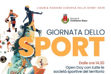Locandina verticale dai colori vivaci che annuncia la "GIORNATA DELLO SPORT" nel Comune di Castelnuovo Magra. Nella parte superiore, si trova un'intestazione che indica "LIGURIA REGIONE EUROPEA DELLO SPORT 2025" e lo stemma del "Comune di Castelnuovo Magra". Al centro, in grande evidenza e con un carattere dinamico e colorato, campeggia la scritta "GIORNATA DELLO SPORT". La parola "SPORT" è particolarmente grande e le lettere sono riempite con un motivo astratto che richiama diversi sport. Sulla sinistra e sullo sfondo, si trovano illustrazioni stilizzate e dinamiche di persone che praticano diverse discipline sportive: corsa, salto in alto, ciclismo, lancio del giavellotto, basket, calcio, ginnastica ritmica e nuoto. Le figure sono colorate in varie tonalità di blu, verde, arancione e rosa, creando un effetto di movimento e vitalità.
Nella parte destra, il testo fornisce i dettagli dell'evento:
Dalle ore 14.30: "Open Day con tutte le società sportive del territorio".
Ore 17.30: "Consegna riconoscimenti ad atlete e atleti castelnovesi alla presenza di":
STEFANO MEI (Presidente FIDAL)
LORENZO RICCI (Ex atleta paralimpico italiano)
Modera LUCA SERGIAMPIETRI (Consigliere delega sport)
Più in basso, in un riquadro rosso che cattura l'attenzione, sono indicate la data e il luogo: 10 maggio Centro Sportivo Comunale. In piccolo, sotto il riquadro rosso, si legge "EVENTO GRATUITO" e "TUTTA LA POPOLAZIONE È INVITATA A PARTECIPARE". Nella parte inferiore, si trova la dicitura "CON LA COLLABORAZIONE DI" seguita dai loghi di "Time 4 Fun" e "SPORT & LIFE". Il tono generale della locandina è festoso, inclusivo.
