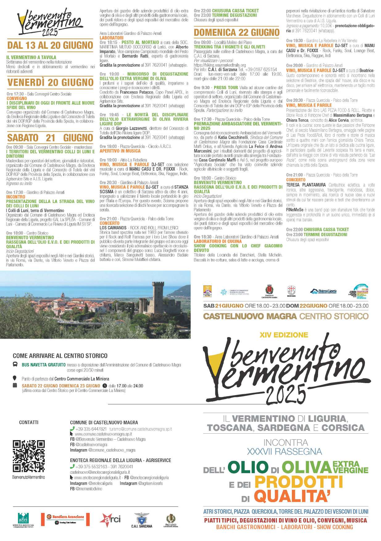 L'evento celebra il Vermentino di Liguria, Toscana, Sardegna e Corsica, e include anche la XXXVII Rassegna dell'Olio di Oliva e dei Prodotti di Qualità. Il dépliant elenca i numerosi punti di ristoro con piatti tipici e le diverse aziende agricole e cantine presenti.