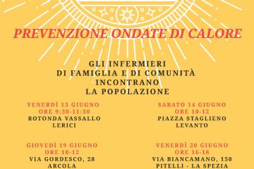 La locandina, con un titolo grande in giallo su sfondo rosso, che attira immediatamente l'attenzione e recita PREVENZIONE ONDATE DI CALORE", è un annuncio pubblico. 
Informa su una serie di incontri organizzati dagli "INFERMIERI DI FAMIGLIA E DI COMUNITÀ" per la popolazione.  
Il resto del testo, principalmente in nero su sfondo giallo chiaro o bianco, con alcuni dettagli grafici, quali raggi di sole stilizzati e linee diagonali, presenti sullo sfondo per arricchire l'estetica, rappresenta il calendario degli incontri nei vari Comuni, suddiviso per data e luogo.