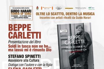 L'immagine è una locandina promozionale che annuncia l'evento intitolato "Oltre lo Scatto, Dentro la Musica – Incontro con artisti ritratti da Guido Harari". L'ospite d'onore è Beppe Carletti (fondatore dei Nomadi) chiamato a presentare il suo ultimo   libro "Soldi in tasca non ne ho... ma lassù mi è rimasto Dio". Intervengono: Stefano Spinetti (Assessore alla Cultura), Beppe Carletti (autore) e Elena Carletti (figlia di Beppe Carletti).
L'incontro è mercoledì 9 Luglio alle ore 18.30 presso l'Area Castello dei Vescovi di Luni, nel centro storico di Castelnuovo Magra
A seguire, un secondo evento: la Cena di Beneficenza in Piazza 1° Maggio nella frazione di Colombiera alle ore 20:00
In collaborazione con: Bar Ovidio e Officina dei Sapori
Per Info e prenotazioni chiamere i seguenti numeri: 370 3490302 - 340 2276327


