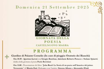 L’immagine è la locandina dell’evento “Giornata della Poesia” che si terrà a Castelnuovo Magra domenica 21 settembre 2025.

