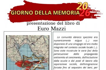 Informazioni Principali sull'Evento:
•	Titolo dell'iniziativa: Giorno della Memoria 2026.
•	Oggetto: Presentazione del libro di Euro Mazzi dal titolo "La persecuzione degli Ebrei alla Spezia 1938 - 1945".
•	Relatore: L'incontro è introdotto da Egidio Banti.
•	Data e Orario: Martedì 27 gennaio alle ore 17.30.
•	Luogo: Biblioteca civica "Michele Ferrari", situata in Via della Pace a Molicciara.
•	Ingresso: Libero.
Nella parte sinistra è presente la copertina del libro, che raffigura una mappa storica del Golfo della Spezia sormontata da una Stella di Davide dorata. Il testo descrittivo spiega che il volume ricostruisce le fasi della persecuzione della comunità ebraica spezzina, partendo dalla propaganda e dal censimento fino alla deportazione e allo sterminio. La locandina sottolinea l'importanza di superare l'indifferenza e rifiutare i pregiudizi e le intolleranze razziali e culturali. In calce sono presenti i loghi del Comune di Castelnuovo Magra e della sezione locale dell'A.N.P.I..