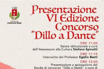 La locandina  è caratterizzata da uno stile pulito e istituzionale su uno sfondo color crema che ricorda la carta antica. In basso a sinistra spicca un profilo stilizzato di Dante Alighieri in bianco e nero, con la classica corona d'alloro. In alto, con un font elegante di colore rosso, si legge: "Presentazione VI Edizione Concorso 'Dillo a Dante'". Il testo centrale elenca gli orari e i relatori (Stefano Spinetti, Egidio Banti e David "Orzo" Reggioli) con i relativi interventi. In grande risalto, sempre in rosso, la data: mercoledì 25 marzo e l'indicazione del luogo: Sala Convegni "Vanda Bianchi", Centro Sociale Castelnuovo Magra. In alto a sinistra è presente lo stemma del Comune di Castelnuovo Magra, mentre in calce un testo descrittivo sottolinea il coinvolgimento delle associazioni locali e il messaggio di pace dell'iniziativa.