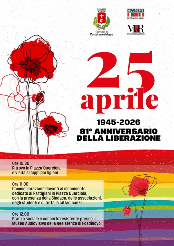 L'immagine presenta un testo che descrive l’evento commemorativo per l'81° anniversario della Liberazione a Castelnuovo Magra; quindi, sul lato sinistro della locandina si alzano alcuni fiori rossi che assomigliano ad tulipani rossi. In Italia, soprattutto, il tulipano è associato alla Resistenza e alla lotta per la libertà. È un simbolo che rappresenta il sacrificio dei partigiani e il loro impegno per la liberazione dal nazifascismo. Nella parte laterale, sinistra, sotto i tulipani che svettano, appare il programma: 
ore 10:00_ Ritrovo in Piazza Querciola e visita ai cippi partigiani
ore 11:00_Piazza Querciola: Commemorazione davanti al monumento dedicato ai Partigiani, con la presenza della Sindaca, delle Associazioni locali, degli studenti e di tutti i cittadini.
ore 12:00_ Pranzo sociale e concerto presso il Museo Audiovisivo della Resistenza di Fosdinovo.