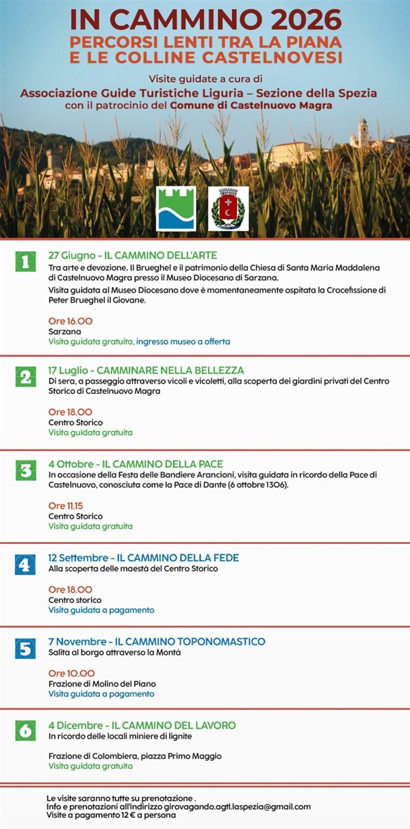 La locandina illustra l’evento "IN CAMMINO 2026: Percorsi lenti tra la piana e le colline castelnovesi",  un ciclo di visite guidate organizzato dall'Associazione Guide Turistiche Liguria – Sezione della Spezia in collaborazione con il Comune di Castelnuovo Magra. Tutte le visite richiedono la prenotazione obbligatoria scrivendo alla email: girovagando.agtl.laspezia@gmail.com. Il costo per i percorsi a pagamento è di 12 € a persona. L'iniziativa prevede 6 tappe tematiche distribuite nel corso dell'anno:
1. Il Cammino dell'Arte | 27 Giugno, ore 16:00 Luogo: Sarzana. Visita guidata gratuita, ingresso al museo a offerta. 2. Camminare nella Bellezza | 17 Luglio, ore 18:0 Luogo: Centro Storico Castelnuovo Magra Visita guidata gratuita. 3. Il Cammino della Pace | 4 Ottobre, ore 11:15 Luogo: Centro Storico Visita guidata gratuita. 4. Il Cammino della Fede |12 Settembre, ore 18:00 Luogo: Centro storico Visita guidata a pagamento (12 €). 5. Il Cammino Toponomastico | 7 Novembre, ore 10:00 Luogo: Frazione di Molino del Piano e Salita al borgo attraverso la Montà. Visita guidata a pagamento (12 €). 6. Il Cammino del Lavoro | 4 Dicembre (orario non specificato) Luogo: Frazione di Colombiera, piazza Primo Maggio In ricordo delle locali miniere di lignite. Visita guidata gratuita.

