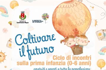 L’immagine è una locandina colorata con illustrazioni di mongolfiere, bambini, nuvole, soli e oggetti legati all’infanzia. Il titolo principale, scritto in caratteri grandi e azzurri, è Coltivare il futuro. Sotto, in arancione, si legge Ciclo di incontri sulla prima infanzia (0-6 anni). Sono elencati cinque incontri gratuiti su affettività, alimentazione, genitorialità, sicurezza e salute, con date e nomi degli esperti. Gli incontri si svolgeranno presso il Nido d'Infanzia 'Zigo Zago' a Castelnuovo Magra.