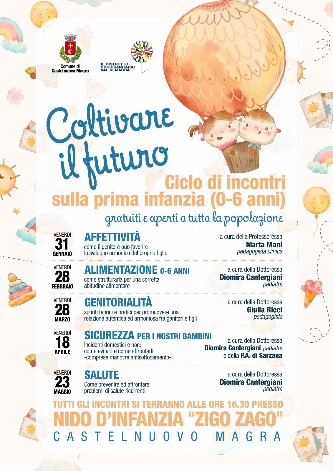 L’immagine è una locandina colorata con illustrazioni di mongolfiere, bambini, nuvole, soli e oggetti legati all’infanzia. Il titolo principale, scritto in caratteri grandi e azzurri, è Coltivare il futuro. Sotto, in arancione, si legge Ciclo di incontri sulla prima infanzia (0-6 anni). Sono elencati cinque incontri gratuiti su affettività, alimentazione, genitorialità, sicurezza e salute, con date e nomi degli esperti. Gli incontri si svolgeranno presso il Nido d'Infanzia 'Zigo Zago' a Castelnuovo Magra.