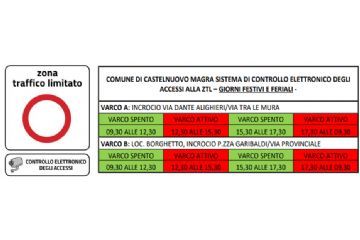 FASCE ORARIE ZTL ATTIVA dalle 12,30 – 15,30 e ininterrottamente dalle ore 17,30 alle ore 9,30, tutti i giorni feriali e festivi così come previsto da ORDINANZA N. 34 del 24-06-2023 Reg. Gen. 39 del 24-06-2023

Nelle fasce orarie di disattivazione della ZTL sono consentite le
operazioni di carico e scarico, tra le ore 9,30 e le ore 12,30 e tra le ore 15,30 e le 17,30.