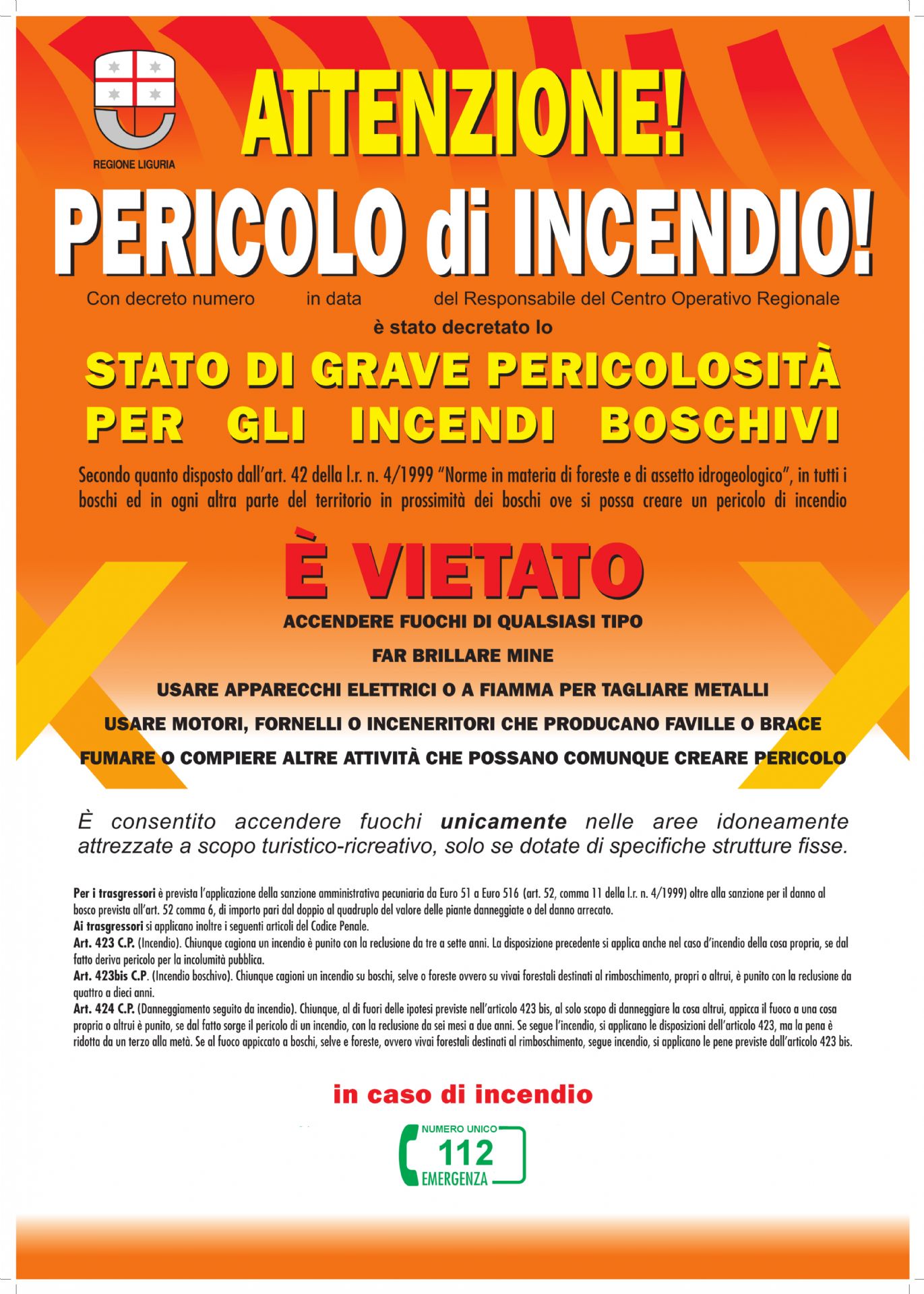 manifesto che descrive il divieto di accensione fuochi