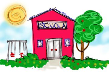 scuola rosa con intorno un giardino verde con un albero e due altalene con due bambini sopra l'altalena e un sole giallo nel cielo