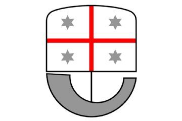 Logo della Regione Liguria: la parte superiore mostra una croce rossa sullo sfondo bianco dello scudo e nei quattro quadranti creati dalla croce ci sono quattro stelle grigie. Sotto lo scudo crociato completa il logo un elemento a forma di mezzaluna di colore grigio. 