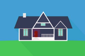 casa con giardino verde davanti. La casa ha tre finestre, un portone rosso ed è di colore blu