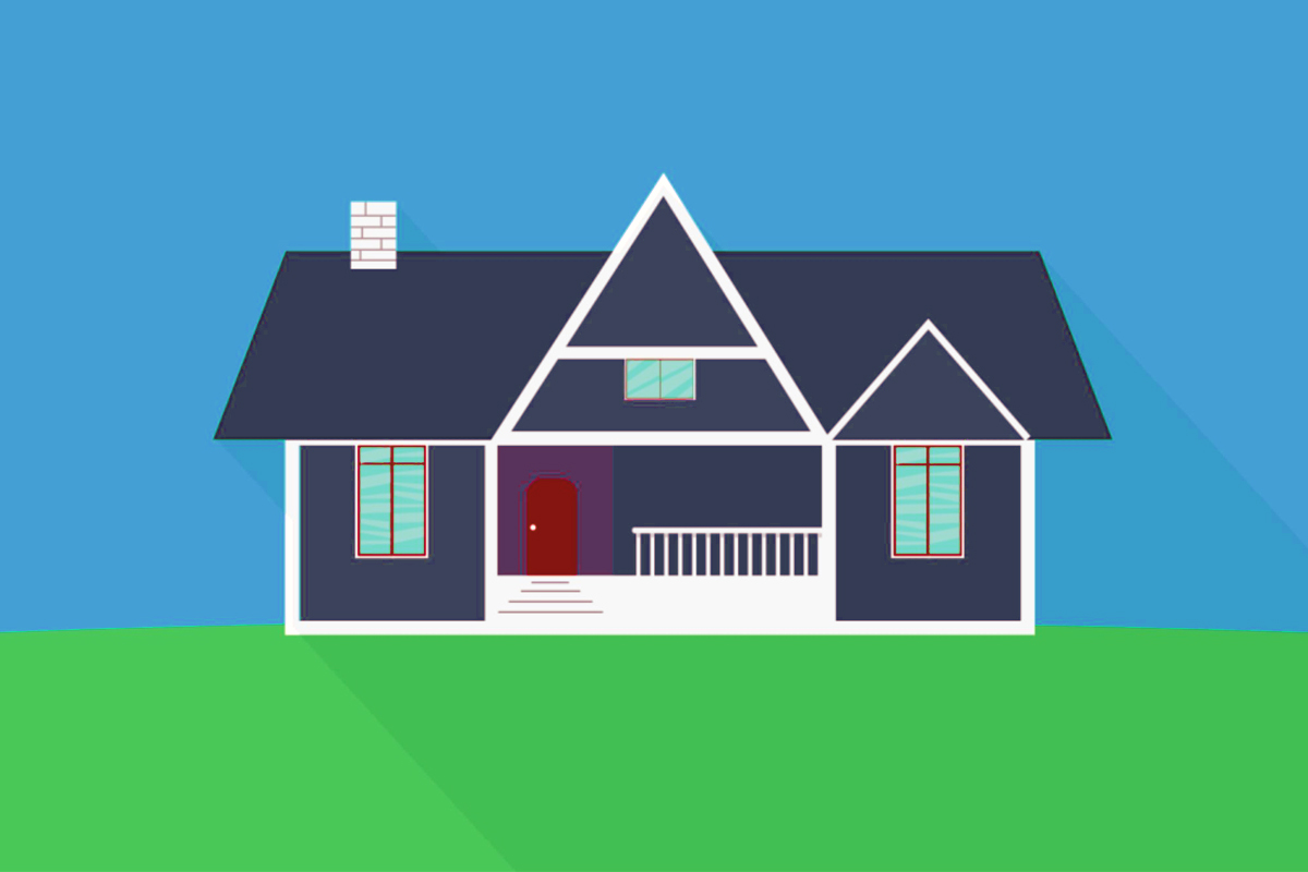 casa con giardino verde davanti. La casa ha tre finestre, un portone rosso ed è di colore blu
