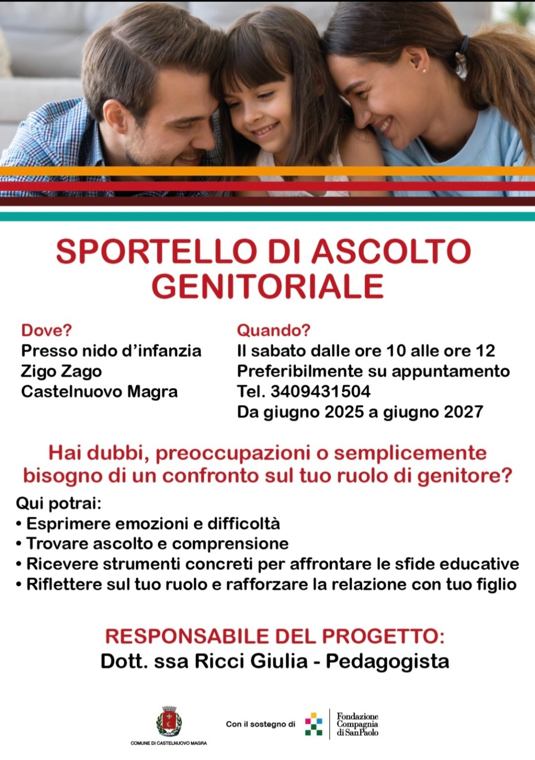 sportello di ascolto genitoriale il sabato dalle ore 10 alle ore 12 presso il nido di infanzia zigo zago del comune di Castelnuovo Magra