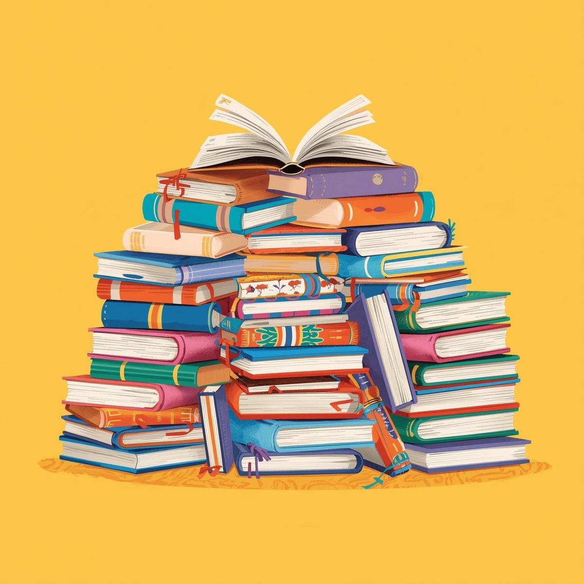L'immagine mostra una grande pila di libri colorati ammassati al centro su uno sfondo giallo brillante e uniforme.