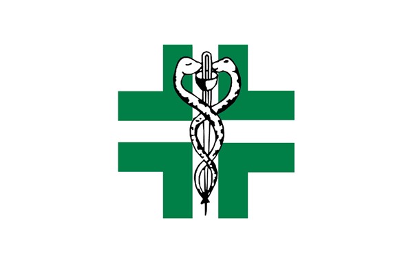 Simbolo della farmacia con crece verde su sfondo bianco