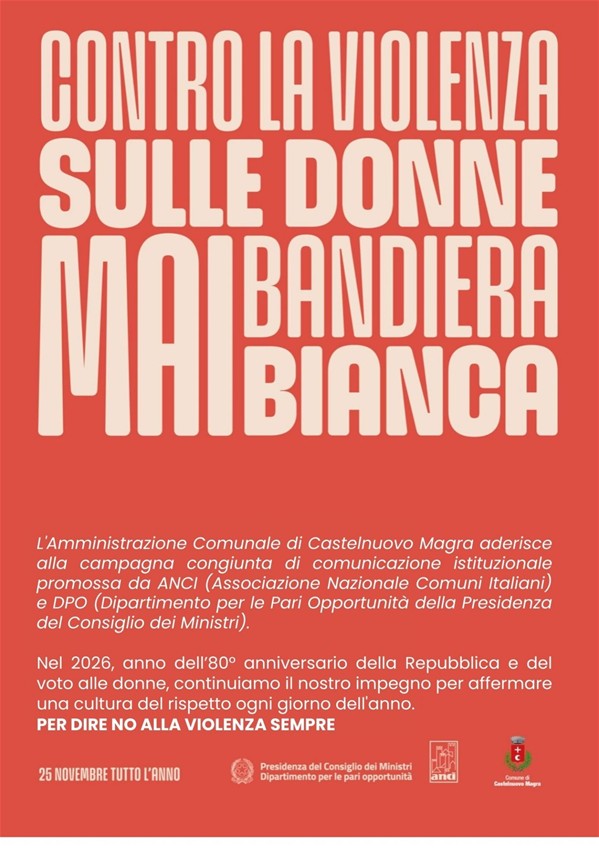 Colore rosso intenso come sfondo, che richiama immediatamente il tema dell'emergenza e della lotta alla violenza.
Il titolo occupa la metà superiore della composizione con il messaggio "CONTRO LA VIOLENZA SULLE DONNE MAI BANDIERA BIANCA". 
La parola "MAI" è evidenziata da uno spessore maggiore.
In basso a sinistra compare la dicitura "25 NOVEMBRE TUTTO L'ANNO", a ribadire che l'impegno deve essere costante e non limitato a una singola ricorrenza.
Quindi i Loghi Istituzionali: i promotori  il Dipartimento per le Pari Opportunità (Presidenza del Consiglio dei Ministri), l'ANCI e  accanto lo stemma del Comune di Castelnuovo Magra, partner.