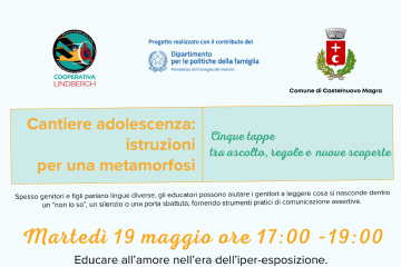 Sfondo bianco, con riportato le date degli incontri e due immagini laterali di famiglie con un figlio adolescente