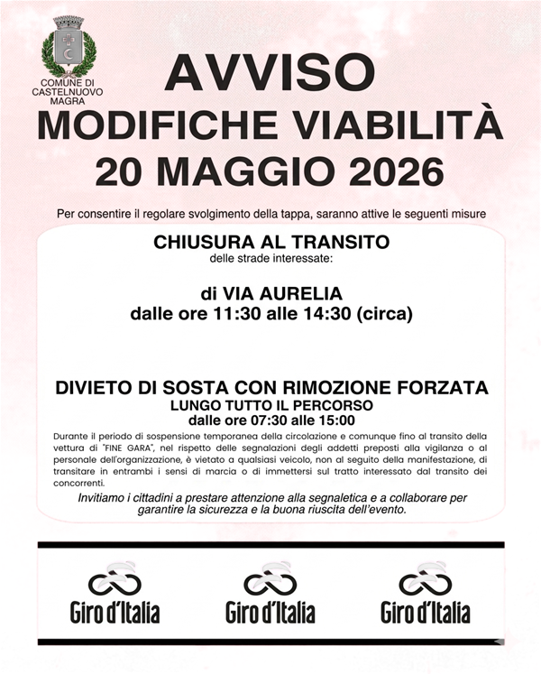 Modifiche alla viabilità 20 maggio 2026 in occasione del 109° Giro d'Italia