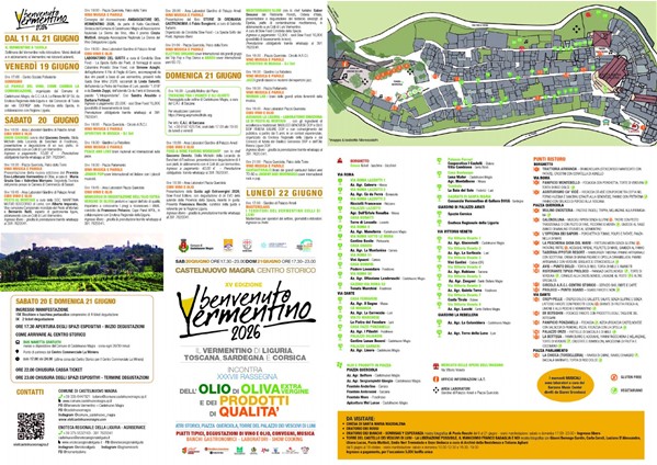 Sono due locandine affiancate relative all'evento "Benvenuto Vermentino 2026", che si terrà a Castelnuovo Magra. La locandina di sinistra (Evento Principale) illustra la XV Edizione di "Benvenuto Vermentino" (dedicata ai vini Vermentino di Liguria, Toscana, Sardegna e Corsica) in contemporanea con la XXXVIII Rassegna dell'Olio di Oliva Extra Vergine e dei prodotti di qualità. Quando: Sabato 20 e domenica 21 giugno 2026, dalle ore 17:30 alle 23:00. Dove: Centro storico di Castelnuovo Magra (Atri storici, Piazza Querciola, Torre del Palazzo dei Vescovi di Luni). Attività: Piatti tipici, degustazioni di vino e olio, convegni, musica, banchi gastronomici, laboratori e showcooking.