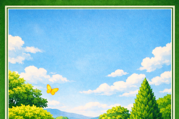 Illustrazione di un giardino estivo: in primo piano, sull’erba, ci sono piccole forbici da potatura appoggiate di lato. Accanto, alcuni fiori bianchi. Sullo sfondo si vedono siepi verdi, un cespuglio alto, colline e un cielo azzurro con nuvole. Una farfalla gialla vola sopra le siepi. L’immagine ha una cornice verde e bianca e non contiene testo.
