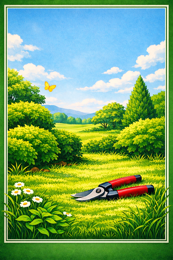 Illustrazione di un giardino estivo: in primo piano, sull’erba, ci sono piccole forbici da potatura appoggiate di lato. Accanto, alcuni fiori bianchi. Sullo sfondo si vedono siepi verdi, un cespuglio alto, colline e un cielo azzurro con nuvole. Una farfalla gialla vola sopra le siepi. L’immagine ha una cornice verde e bianca e non contiene testo.
