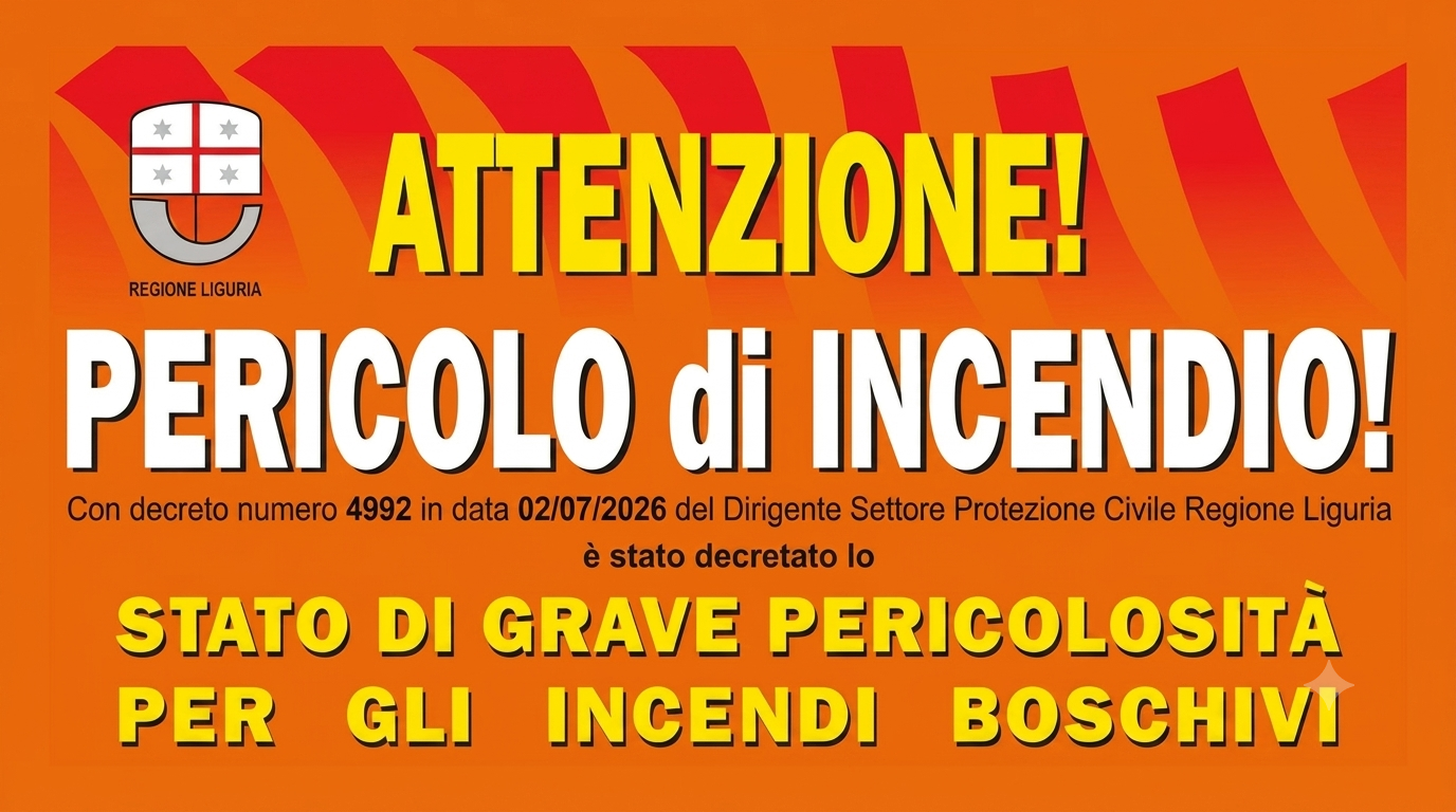 Immagine con testo. Dichiarazione dello stato di grave pericolosità per gli incendi boschivi a partire dalle ore 00.01 di sabato 4 luglio 2026