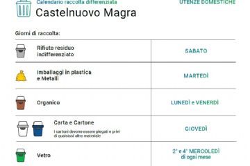 nuovo calendario della raccolta differenziata in sfondo bianco, riportante le icone dei bidoncini in colore a seconde del rifiuto da smaltire. bidoncino grigio per rifiuto residuo indifferenziato il sabato, sacco giallo per imballaggi in plastica e metalli il martedì, bidoncino marrone per rifiuti organici il lunedì e venerdì, bidoncini bianco e blu per carta e cartone il giovedì e bidoncino verde per vetro il secondo e quarto mercoledì di ogni mese.
Riporta anche scritta di avvertenza in colore verde sfumato al blu con il messaggio: ATTENZIONE! ESPORRE CONTENITORI/SACCHI LA SERA PRECEDENTE IL GIORNO DI RACCOLTA DALLE ORE 21:00 ALLE ORE 24:00.