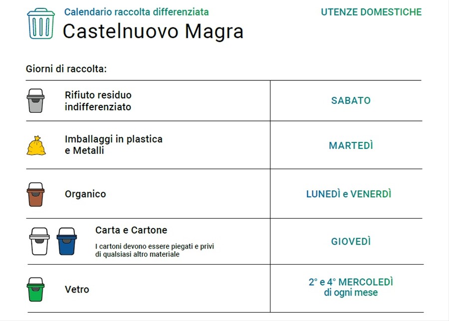 nuovo calendario della raccolta differenziata in sfondo bianco, riportante le icone dei bidoncini in colore a seconde del rifiuto da smaltire. bidoncino grigio per rifiuto residuo indifferenziato il sabato, sacco giallo per imballaggi in plastica e metalli il martedì, bidoncino marrone per rifiuti organici il lunedì e venerdì, bidoncini bianco e blu per carta e cartone il giovedì e bidoncino verde per vetro il secondo e quarto mercoledì di ogni mese.
Riporta anche scritta di avvertenza in colore verde sfumato al blu con il messaggio: ATTENZIONE! ESPORRE CONTENITORI/SACCHI LA SERA PRECEDENTE IL GIORNO DI RACCOLTA DALLE ORE 21:00 ALLE ORE 24:00.
